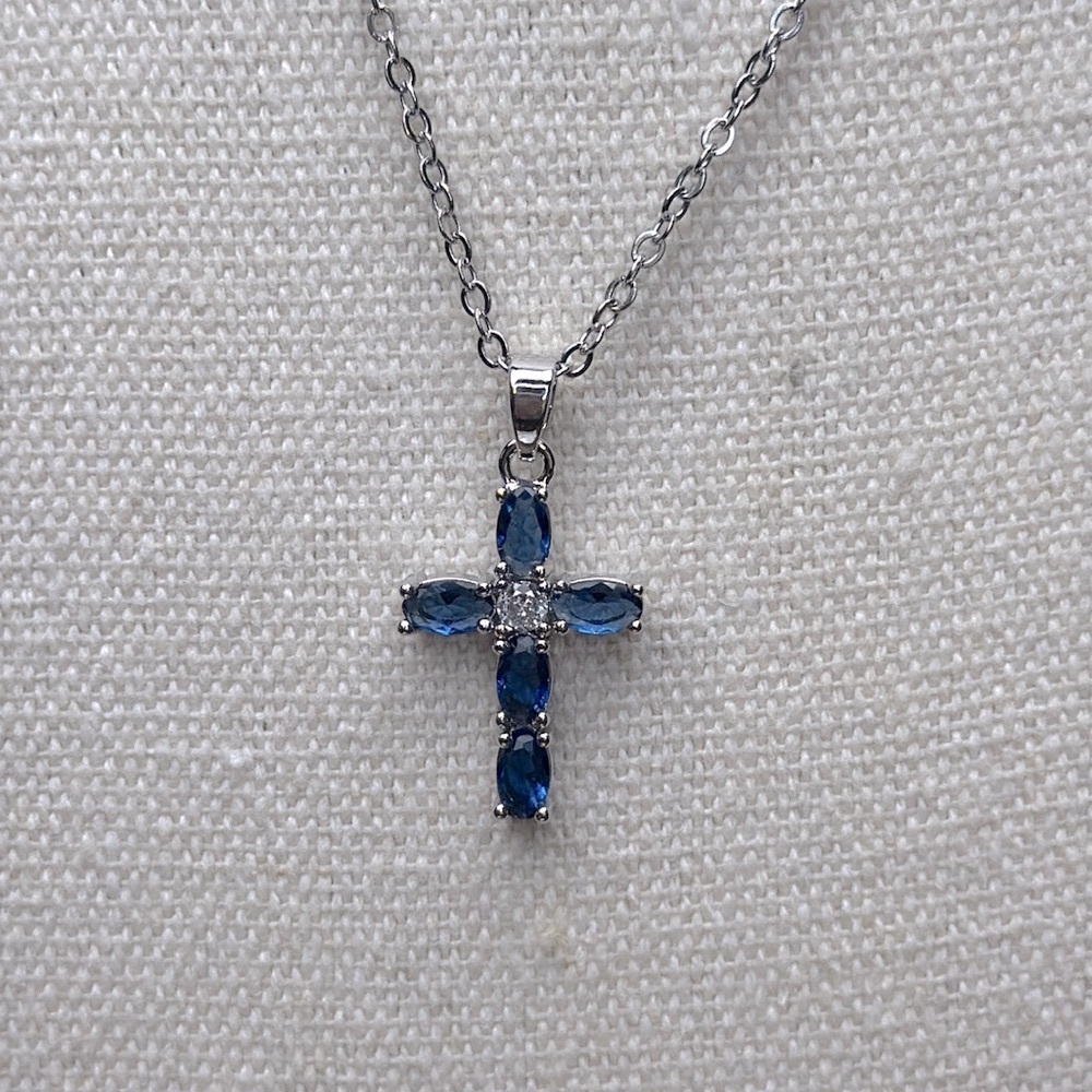 Blue & Silver Cross Pendant Necklace - Picture 7 of 9